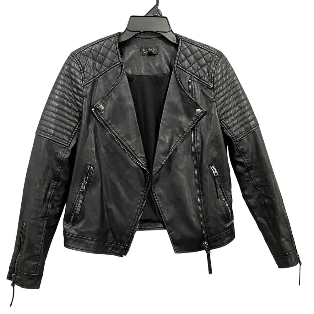 Top Shop Quilted Faux Leather Moto Jacket in Black Women's Size 2 - Picture 1 of 6